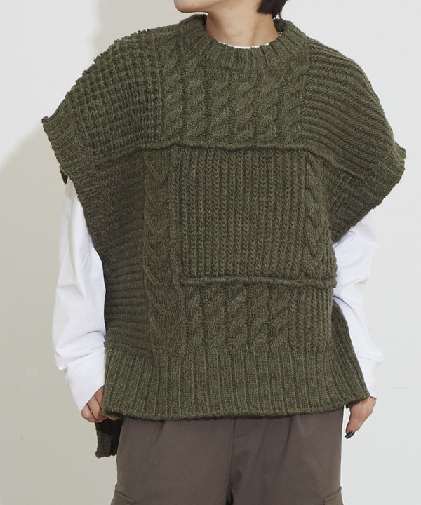 OVER SILHOUETTE CABLE KNIT VEST 詳細画像 カーキ 1