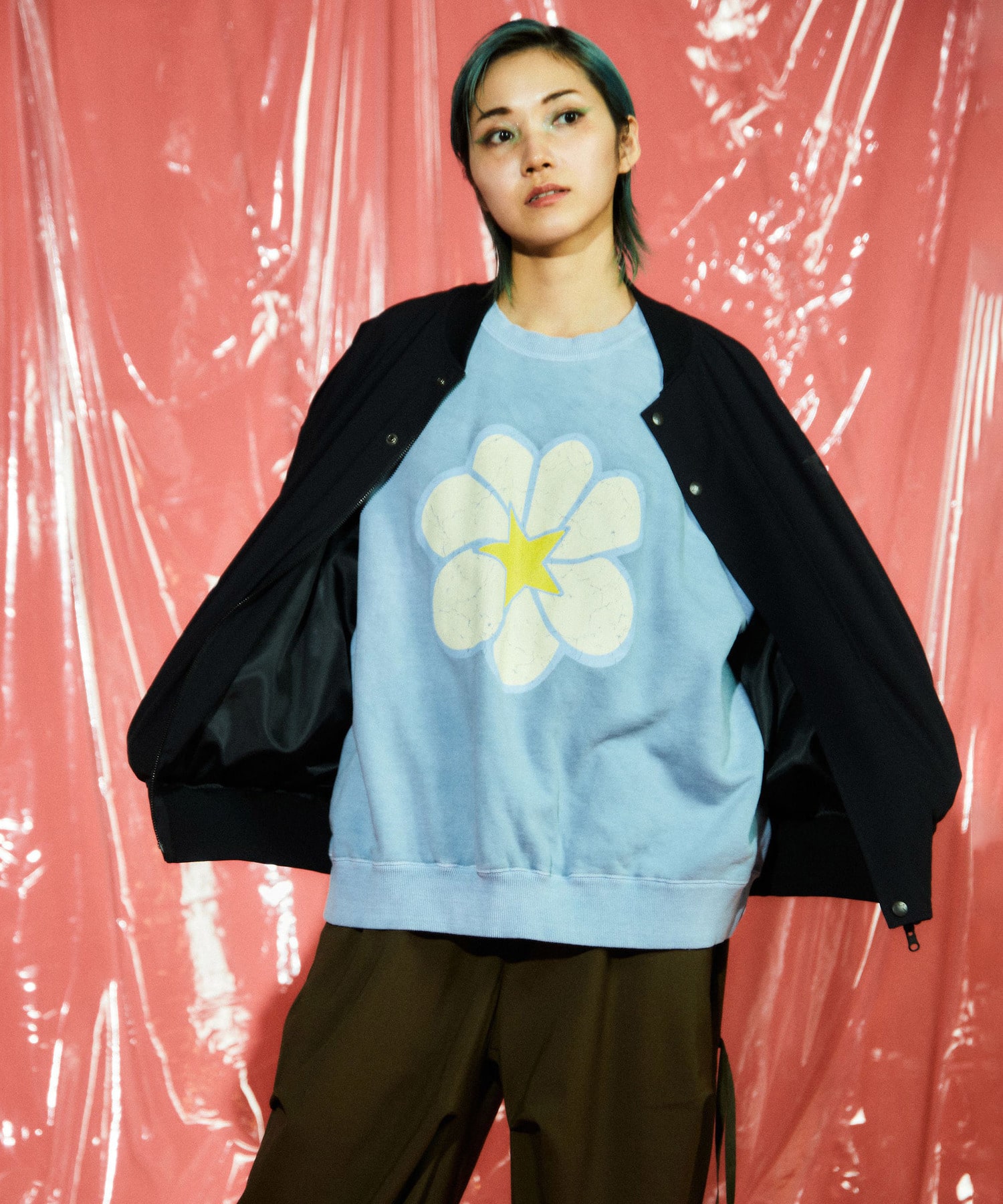 PIGMENT DYE CRACK PRINT FLOWER SWEAT