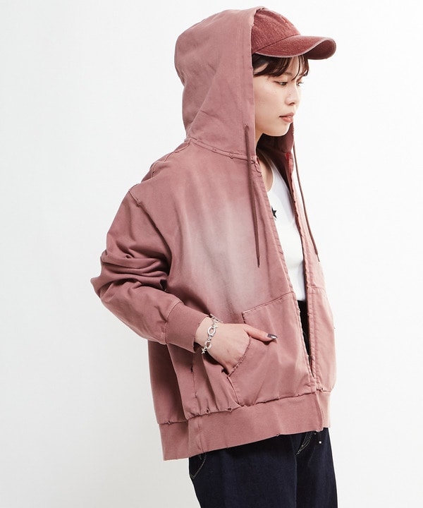 PIGMENT DYE DISTRESSED ZIP-UP HOODIE 詳細画像 ピンク 1