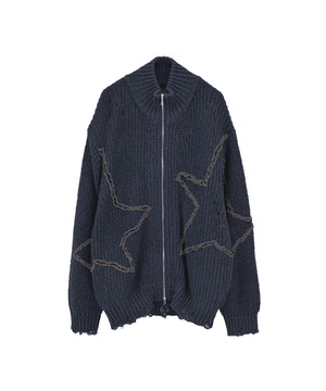 STAR★ EMBROIDERY ZIP-UP KNIT CARDIGAN