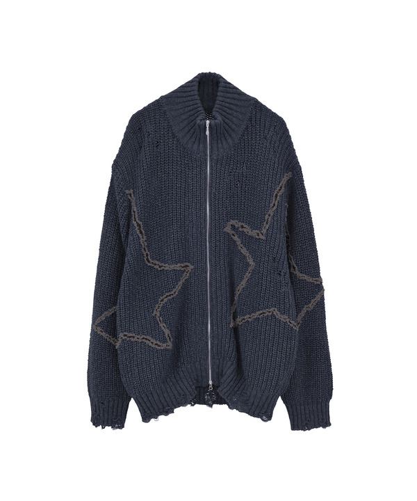 STAR★ EMBROIDERY ZIP-UP KNIT CARDIGAN 詳細画像 ネイビー 1