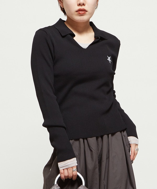 POLO COLLAR RIB KNIT TOP 詳細画像 ブラック 1