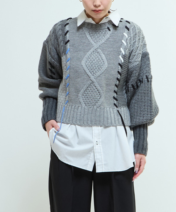 PATCHWORK STITCH CABLE KNIT 詳細画像 グレー 1