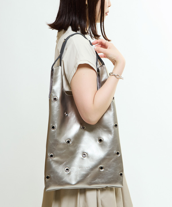 2WAY EYELET FAKE-LEATHER SHOPPING TOTE BAG 詳細画像 1