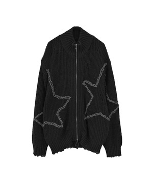 STAR★ EMBROIDERY ZIP-UP KNIT CARDIGAN