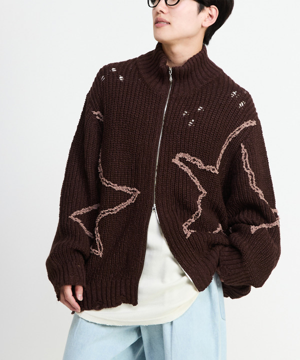 STAR★ EMBROIDERY ZIP-UP KNIT CARDIGAN 詳細画像 1
