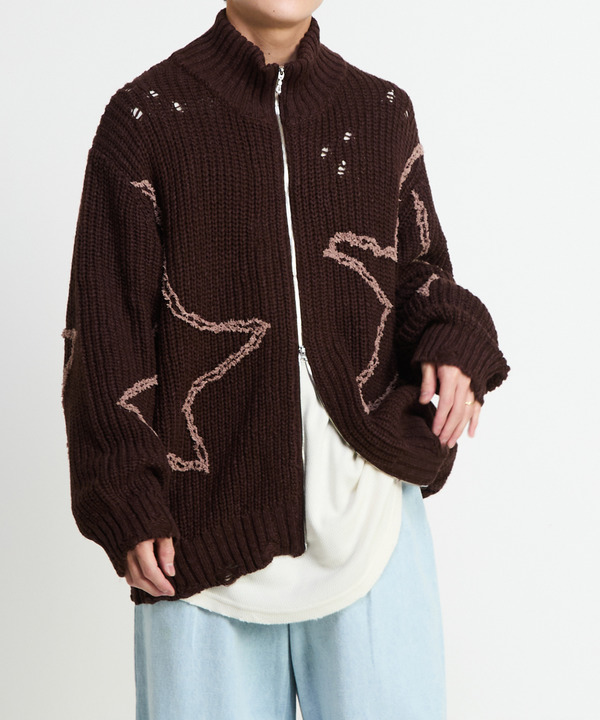 STAR★ EMBROIDERY ZIP-UP KNIT CARDIGAN 詳細画像 ブラウン 1