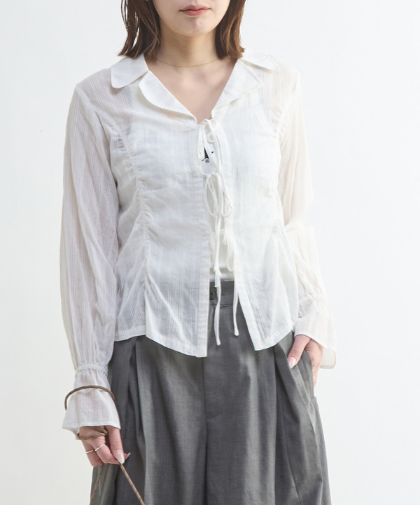 SHEER SHIRRING RIBBON BLOUSE 詳細画像 ホワイト 1
