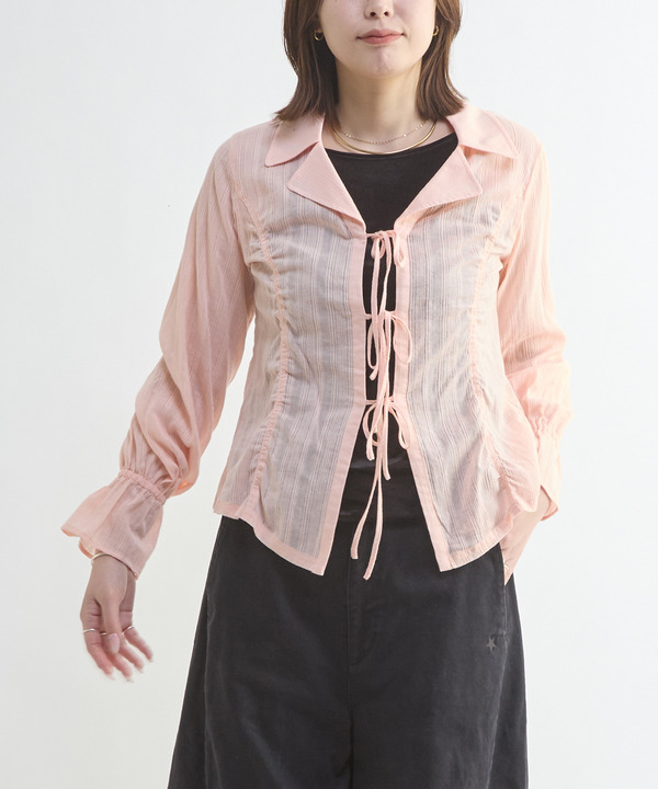SHEER SHIRRING RIBBON BLOUSE 詳細画像 ピンク 1
