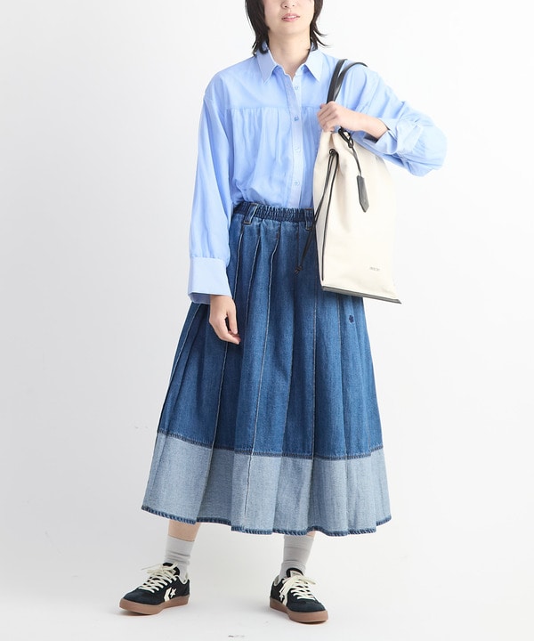 WIDE PLEATED DENIM FLARE SKIRT 詳細画像 1
