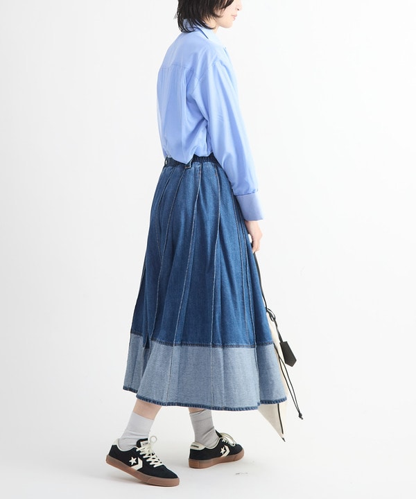 WIDE PLEATED DENIM FLARE SKIRT 詳細画像 2