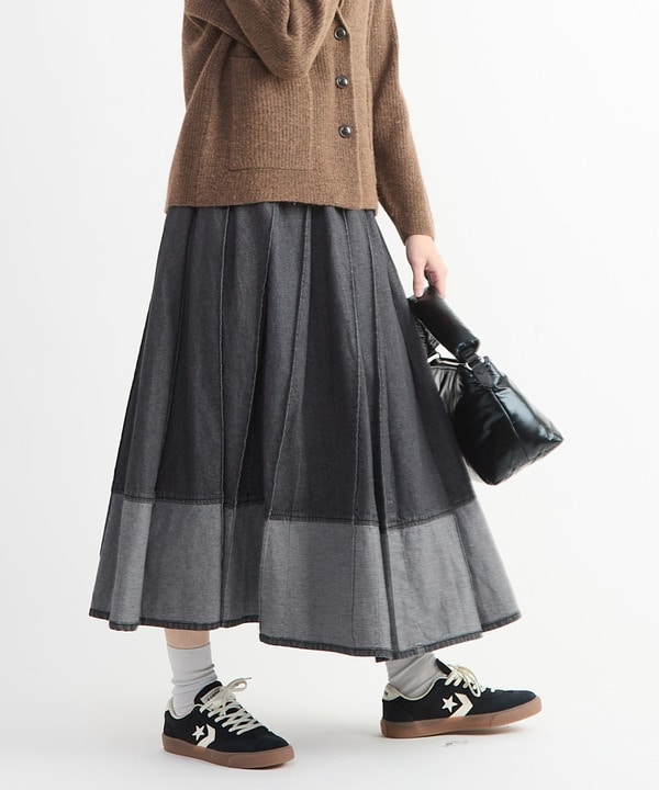 WIDE PLEATED DENIM FLARE SKIRT 詳細画像 ブラック 1