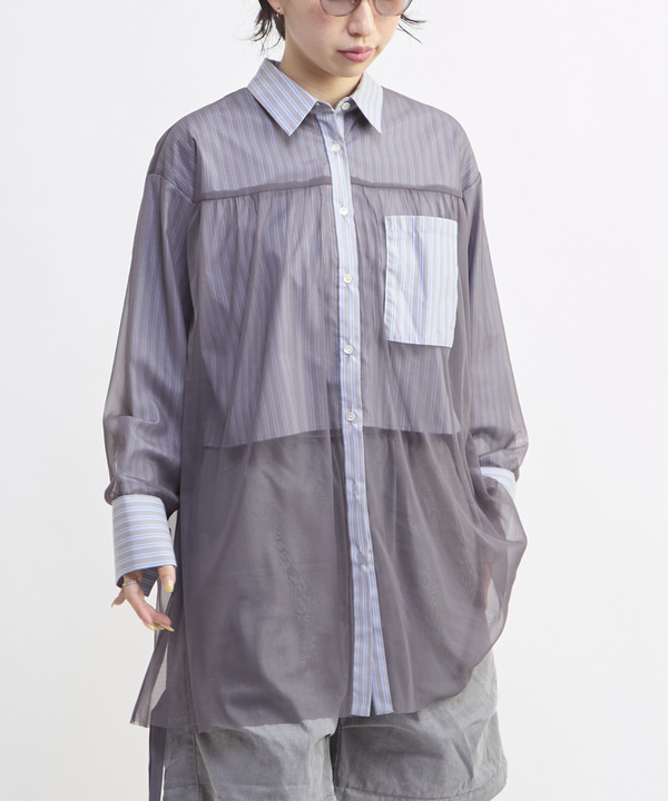 TULLE LAYERED STRIPE SHIRT 詳細画像 グレー 1