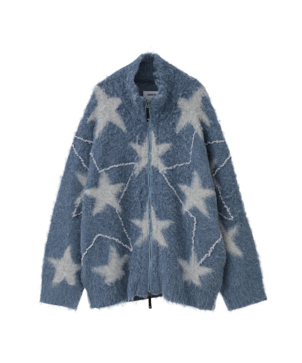 STAR★ ALLOVER STITCH ZIP-UP KNIT CARDIGAN 詳細画像 サックスブルー 1